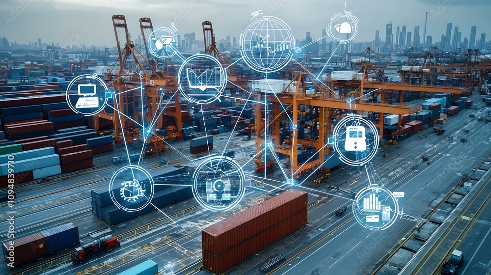 Poster Aerial perspective of a bustling port showcasing the interconnected global logistics network and interactive digital data analysis tools for business intelligence and strategic planning