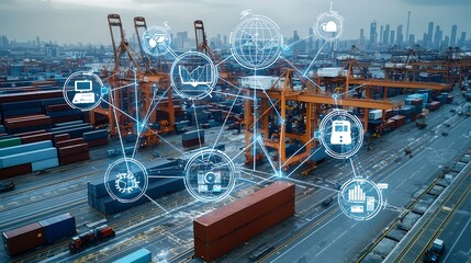 Aerial perspective of a bustling port showcasing the interconnected global logistics network and interactive digital data analysis tools for business intelligence and strategic planning