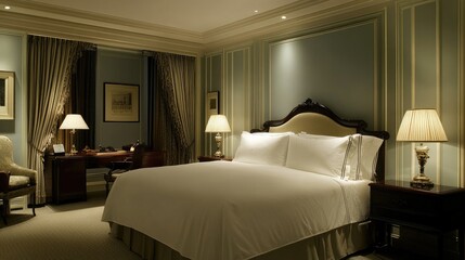 A serene bedroom with a soothing color scheme, showcasing a beautiful bed with an elegant headboard, surrounded by soft lighting and decorative accents