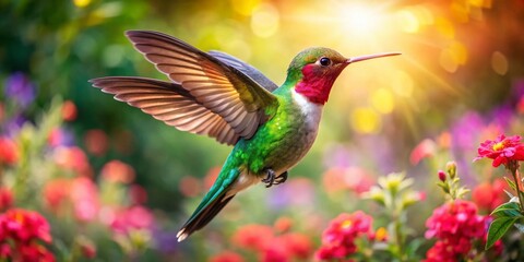 Fototapeta premium A Vibrant Hummingbird in Flight with Colorful Wings Spreading a Sense of Freedom Amidst a Bright Natural Background While Capturing the Essence of Nature's Beauty