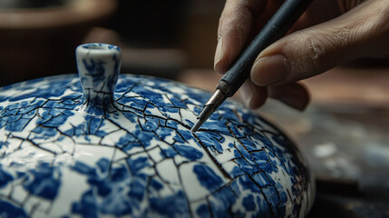 Fototapeta premium Close-Up of Hands Restoring Cracked Porcelain with Intricate Blue Patterns, Emphasizing Traditional Techniques, Precision, and Craftsmanship