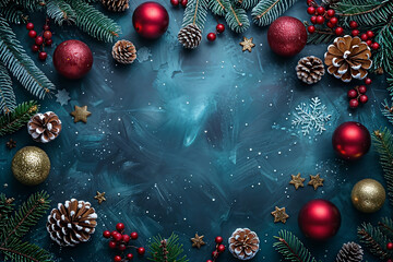 Festive Christmas Frame with Pinecones and Baubles on Dark sky blue background