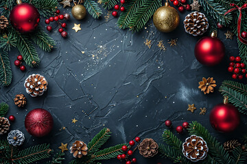 Festive Christmas Frame with Pinecones and Baubles on Dark grey background like stone