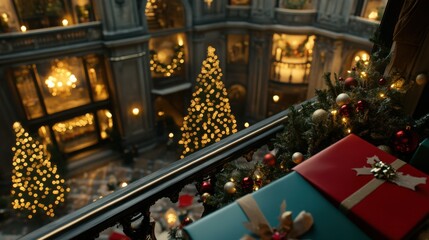 Elegant holiday decorations adorn a grand interior with glowing Christmas trees, AI