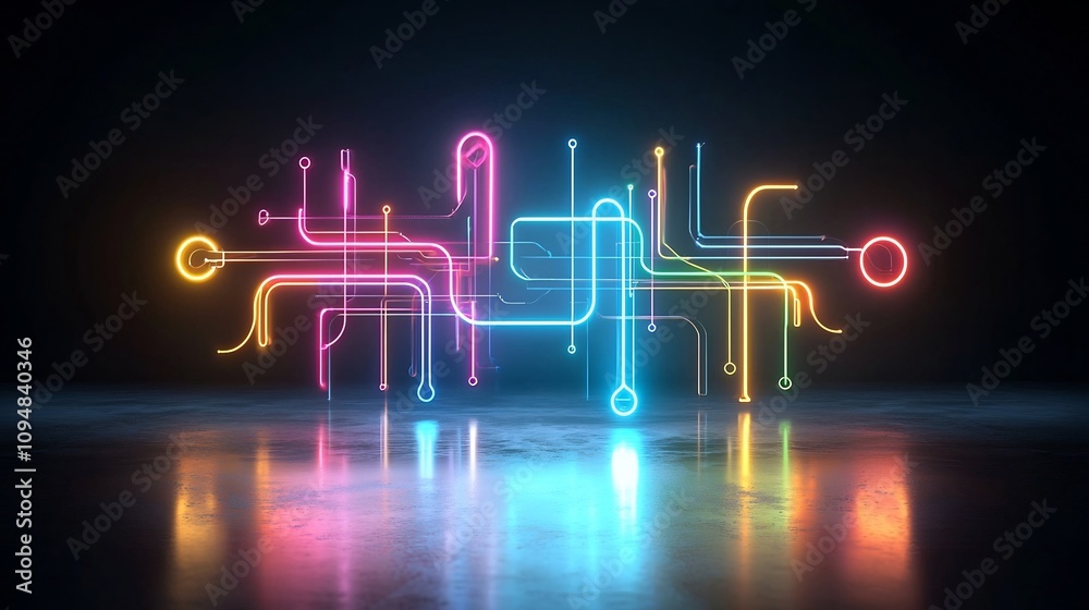 Poster Vibrant Neon Game Piece Network Representing Connectivity and Innovation in a Futuristic Digital Landscape with Glowing Lines on a Reflective Surface