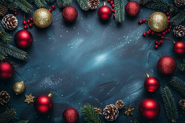 Festive Christmas Frame with Pinecones and Baubles on Dark blue Background