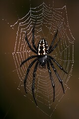Obraz premium A close-up of a black and white spider, delicately perched on its intricately woven web, glistening with dew drops, creating a striking contrast against a blurred background.