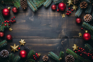 Festive Christmas Frame with Pinecones and Baubles on Dark Background, wood background