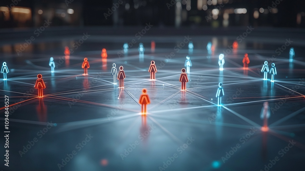 Poster Vibrant neon game piece network connected by glowing lines on a reflective surface representing the concept of futuristic intelligence and technology connectivity