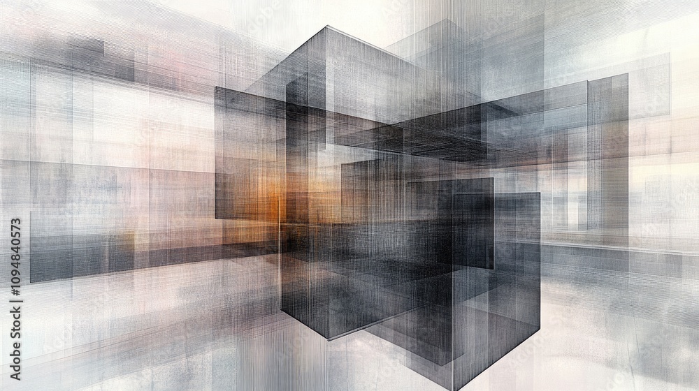 Poster a series of layered transparent lines forming an illusion of depth, with a soothing color palette, c
