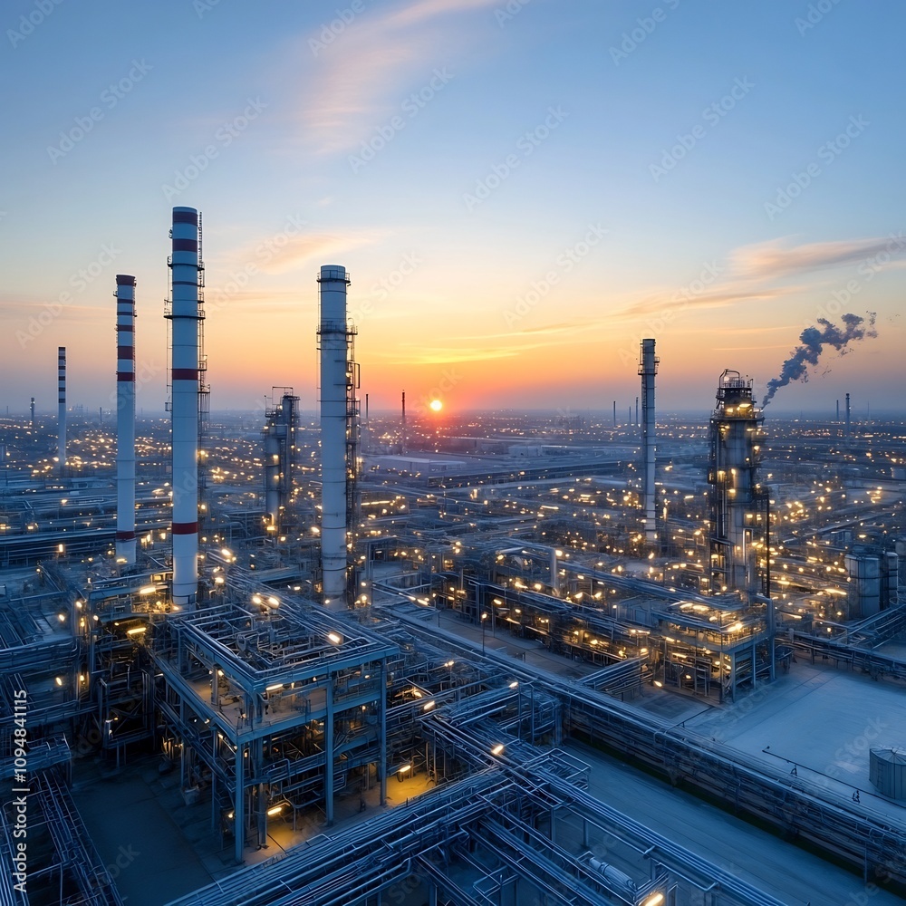Poster dramatic sunset view of a vast refinery complex with numerous fuel processing towers pipelines and s