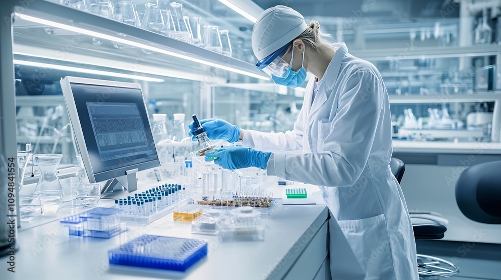 Poster scientist in lab coat analyzing biofuel samples using cutting edge processing technology in a profes