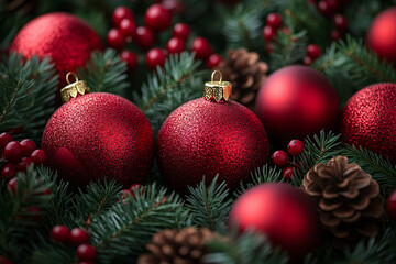 Fototapeta premium Generative AI picture photo of festive Christmas decor baubles berries pinecones decorations for holiday shopping decoration