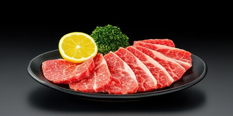 Freshly Sliced Premium Beef with Juicy Lemon Slice and Garnish on Elegant Black Plate, Perfect for Culinary and Gastronomic Presentations
