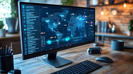 Fototapeta premium Modern minimalist office setup with a polished desk, organized accessories, and subtle decor for virtual meeting backgrounds