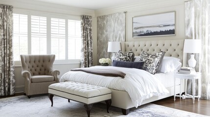 Obraz premium A spacious and sophisticated white bedroom featuring a cozy reading nook, elegant furnishings, and soft textiles that create a luxurious feel.