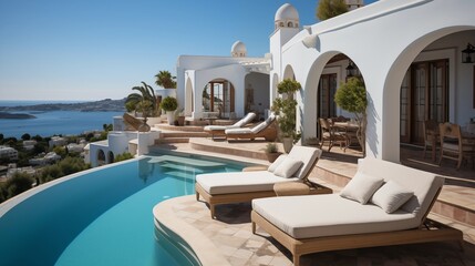 Fototapeta premium A classic Mediterranean house with a pool perched on a hill, offering breathtaking sea views. A dream summer vacation destination.
