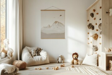  A minimalist playroom with a wooden climbing wall, a neutral color scheme