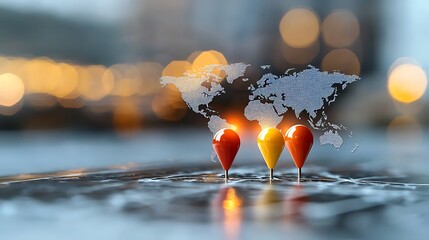 The highlighted map pins draw attention to prominent travel destinations around the globe, igniting a sense of wonder and wanderlust for those seeking new adventures and exploration opportunities.