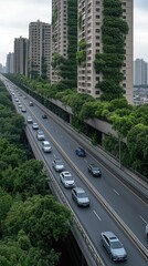 A modern complex features lush greenery atop skyscrapers, connected by bridges, while traffic flows along the bustling road below in Guangzhou