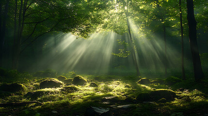 Obraz premium Peaceful forest landscape with sunlight shining through dense leaves