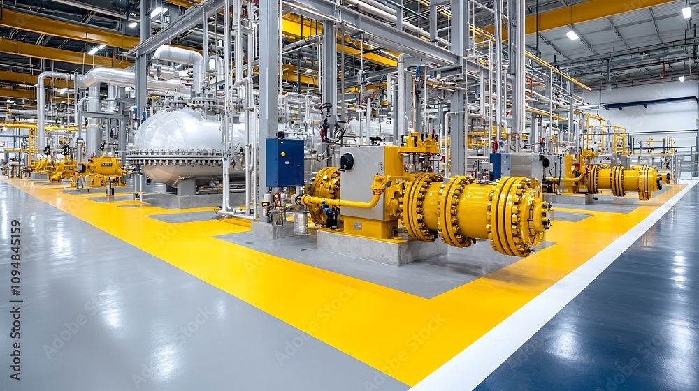 Poster the image depicts a natural gas processing facility with a complex network of piping systems showcas
