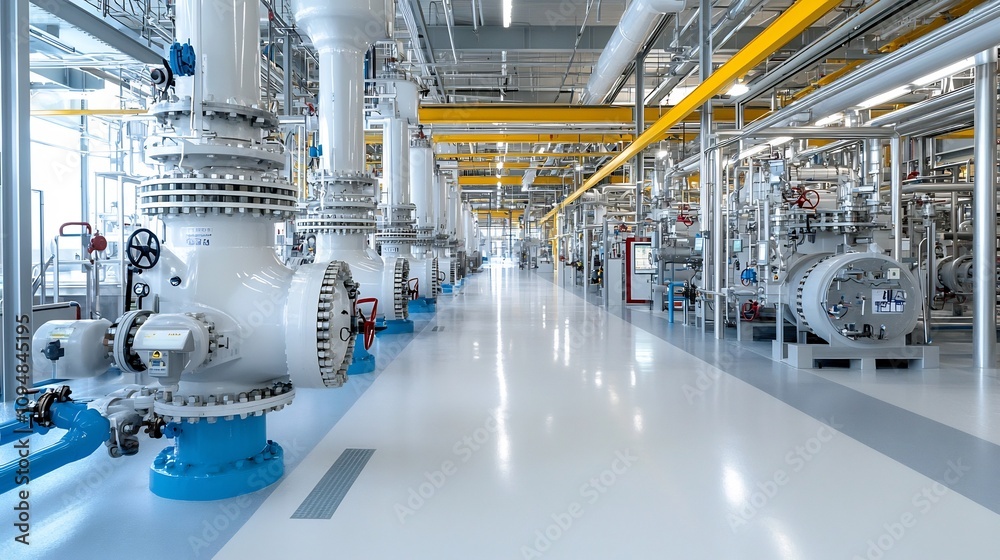 Poster detailed view of a modern natural gas processing facility showcasing the complex network of intercon