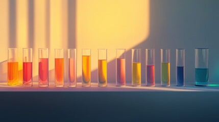 Test tubes filled with vibrant liquids are neatly arranged on a lab countertop. The evening light creates a stunning glow, enhancing the colors of the liquids as a science experiment unfolds.