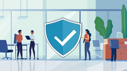 Fototapeta premium infographics of compliance shield with check mark, corporate blue and silver outline, background is office scene with employees
