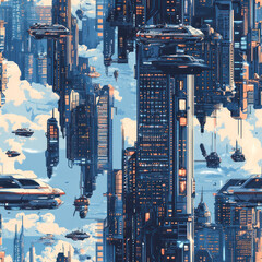 Fototapeta premium Futuristic Cityscape Seamless Pattern Featuring Towering Skyscrapers and Flying Vehicles in a Cyberpunk Style with Vibrant Colors and Intricate Details