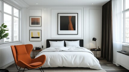 A stylish white bedroom with a statement wall, plush bedding, and modern decor elements that combine comfort with contemporary design.