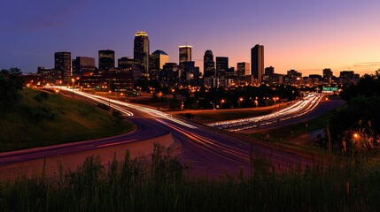 Obraz premium A sweeping view of a city skyline at night, with prominent streets and highways glowing with traffic, highlighting the bustling energy of urban life.