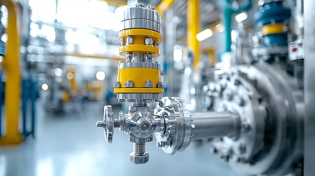 Closeup view of a refinery valve mechanism processing pressurized fuel under high industrial pressure