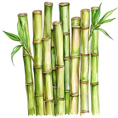 Obraz premium Watercolor painting of a cluster of vibrant green bamboo stalks with fresh leaves.