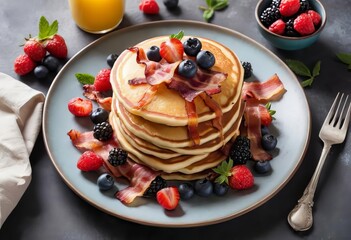A plate of fluffy pancakes with bacon and berries on top, viewed from above