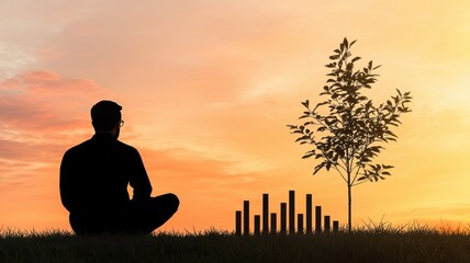 Fototapeta premium energystock investment sustainable. A silhouette of a person meditating near a tree, with sound bars in the foreground against a vibrant sunset backdrop.