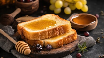 A tempting honey toast dessert with thick slices, served with a side of seasonal fruits and a small bowl of honey on a chic tablecloth.