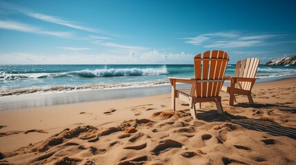 A perfect summer day with two beach chairs on the sea shore under a vibrant blue sky. Ideal for relaxation and a beach vacation.