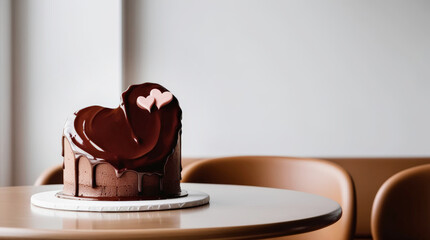 Heart-shaped chocolate sponge cake with glossy glaze and heart decor in a modern light interior