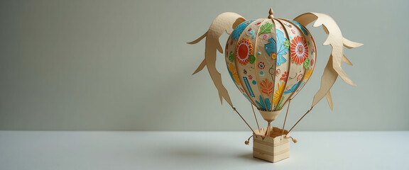 A paper balloon with a cork in the bottom. The balloon is orange and yellow. The balloon is on a white background