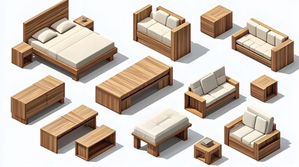 Contemporary 3D isometric furniture set with a simple bed, a stylish armchair, and a modular sofa on white