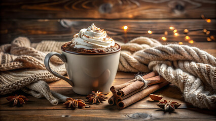 Photorealistic steaming hot chocolate mug with velvety texture, whipped cream, and cocoa sprinkle on wooden table with cozy blanket in warm lighting