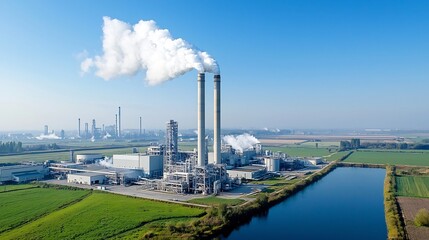 Obraz premium Scenic view of a fuel processing plant with industrial smokestacks releasing steam into a clean clear atmosphere