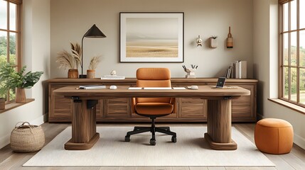 Professional office setup with minimalist decor, featuring a clutter-free desk and modern details designed for virtual meetings