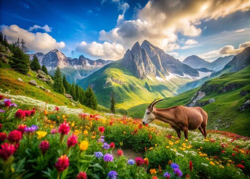 Breathtaking Bucardo Animal in Lush Mountainous Landscape with Vibrant Flora, Captured in High Depth of Field Showcasing Nature's Splendor and Wildlife Conservation Efforts