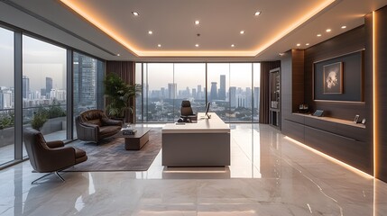 Minimalist office space with a clean desk, functional decor, and a professional atmosphere, ideal for online calls