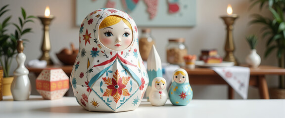Fototapeta premium A doll is sitting on a table next to a Christmas tree. The doll is decorated with flowers and has a flower on its head. The table is set with plates, cups, and a cake