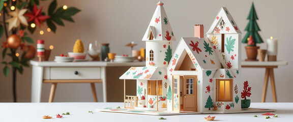A Christmas tree is in the background of a room with a white table and a house model on it
