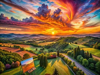 Fototapeta premium Breathtaking Drone Photography of Sunset Drawings Capturing Vivid Colors and Serene Landscapes, Perfect for Nature Lovers and Art Enthusiasts Alike in Stunning Detail