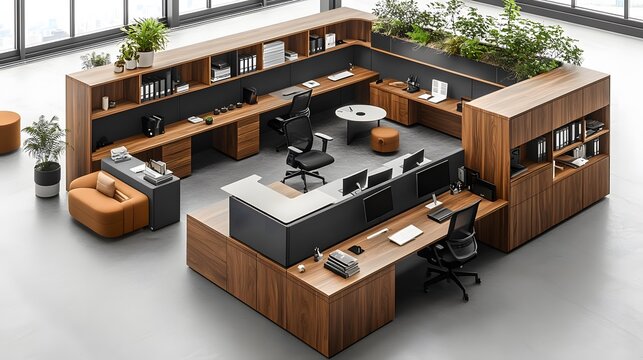 Streamlined office layout blending ergonomic furniture and cutting-edge technology in an artistic 3D isometric view